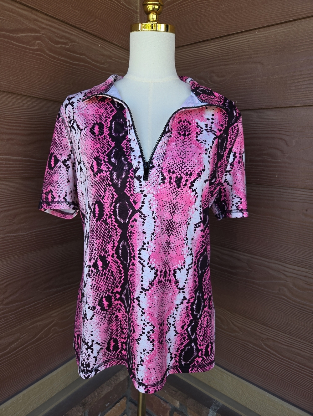 Kevan Hall Sport Pink Snakeskin Print Zip Athletic Polo Top Women's Size XL NWOT